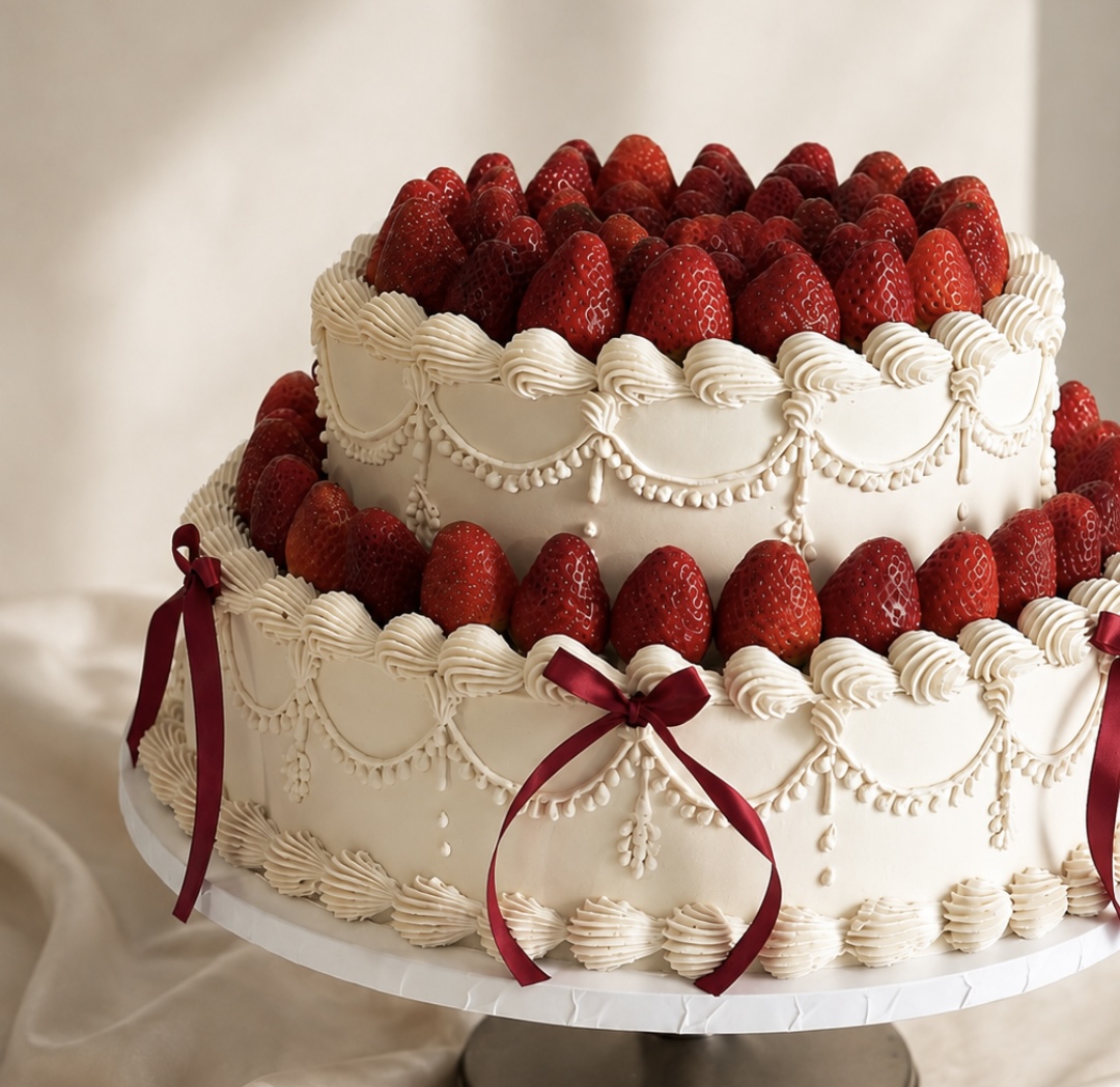 Two-tier white wedding cake topped with fresh strawberries and finished with burgundy ribbon bows