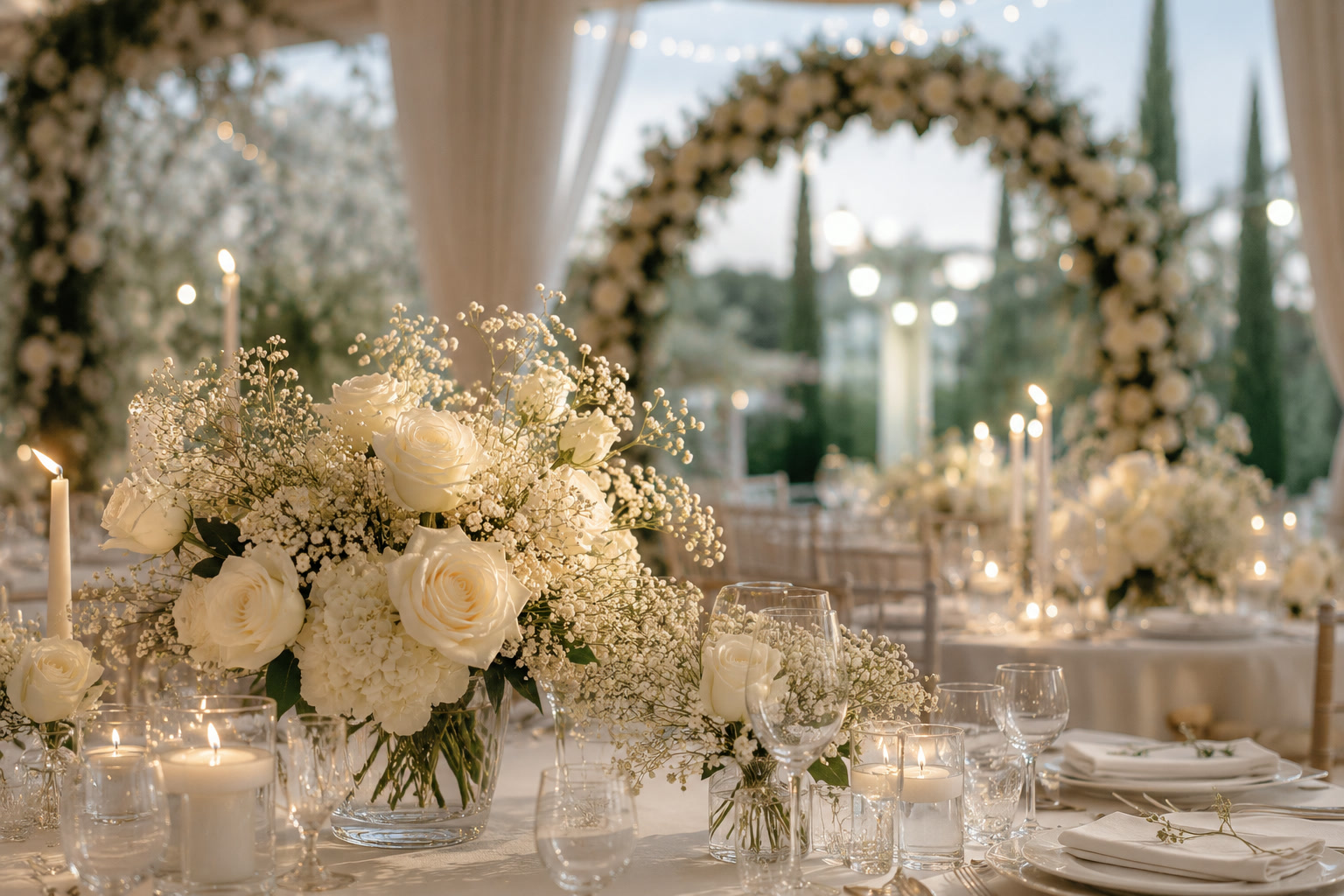 Elegant outdoor wedding reception table styled with white roses, candles and fairy lights